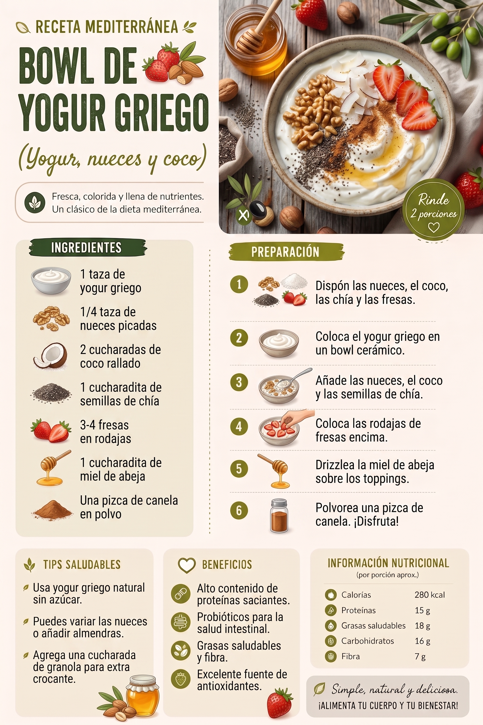 Bowl de yogur griego, nueces y coco