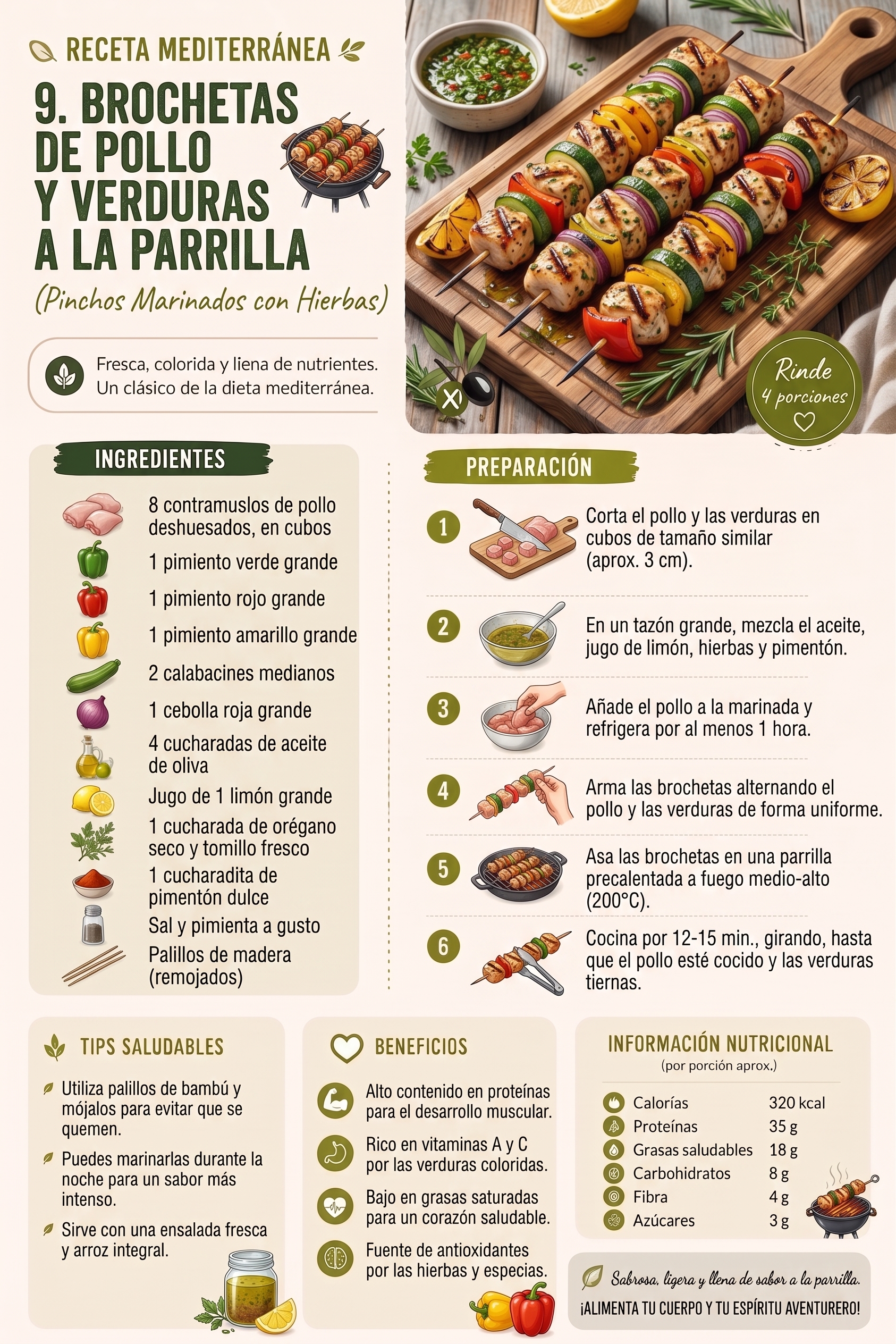 Brochetas de pollo y verduras a la parrilla