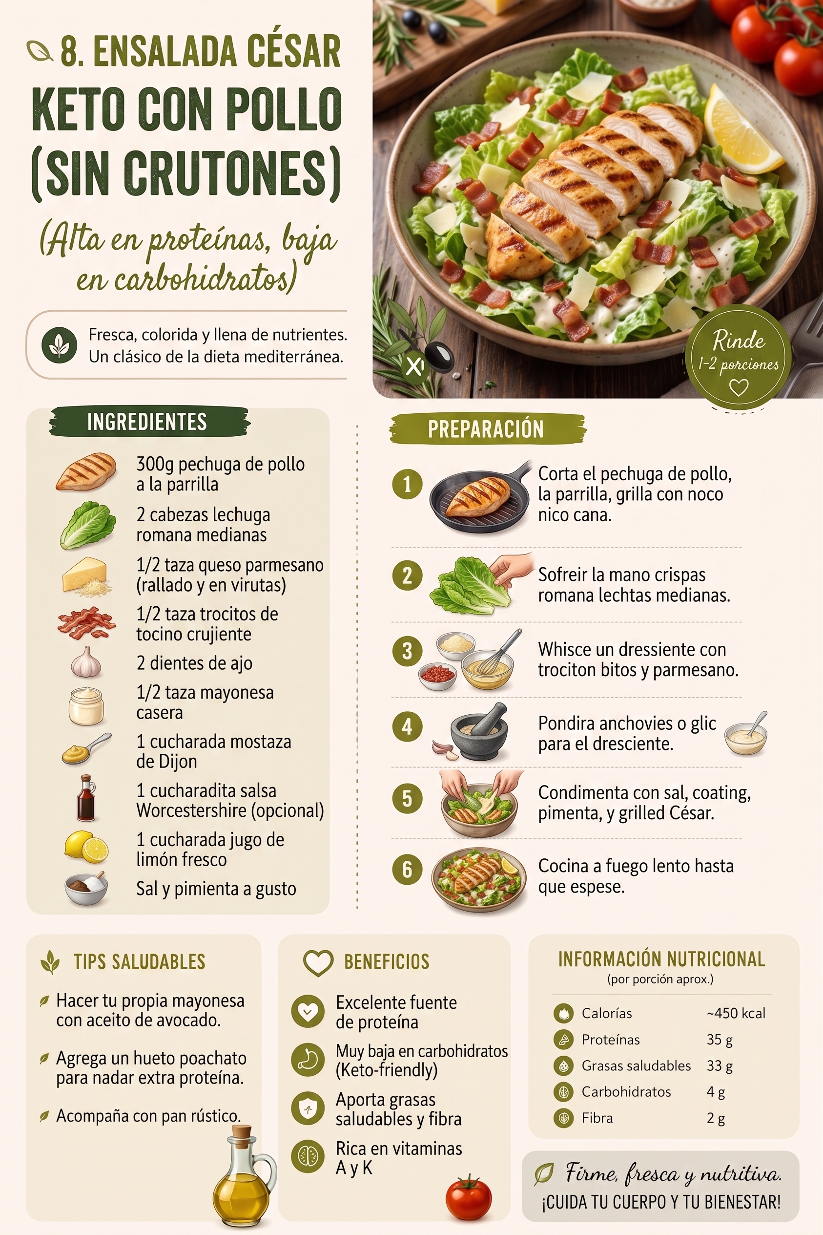 Ensalada César keto con pollo (sin crutones)