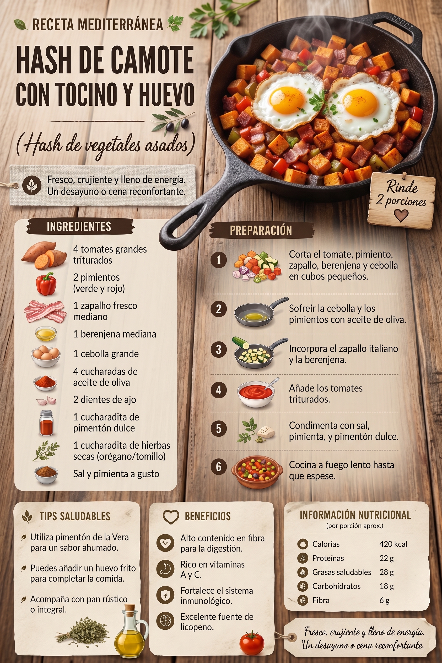 Hash de camote con tocino y huevo