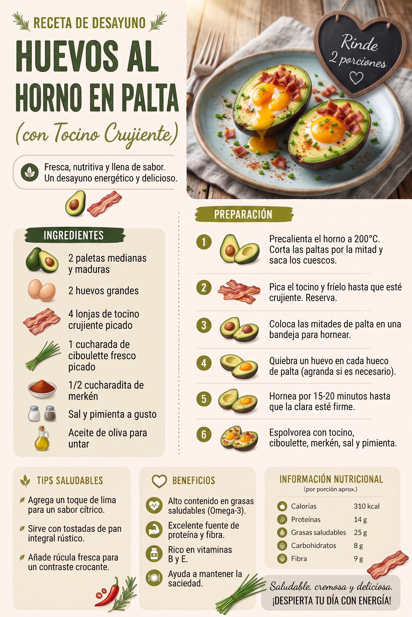 Huevos al horno en palta con tocino