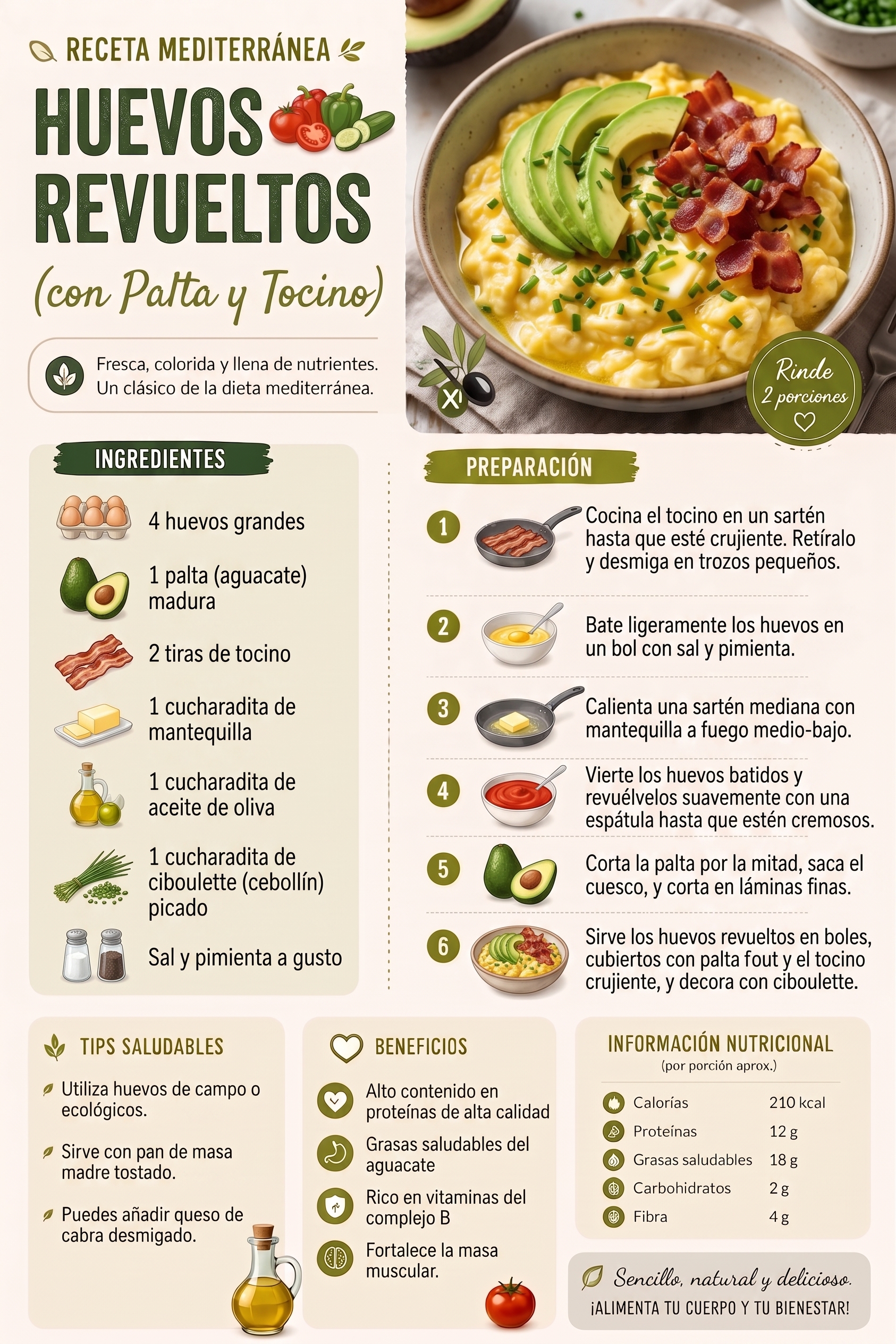 Huevos revueltos con palta y tocino