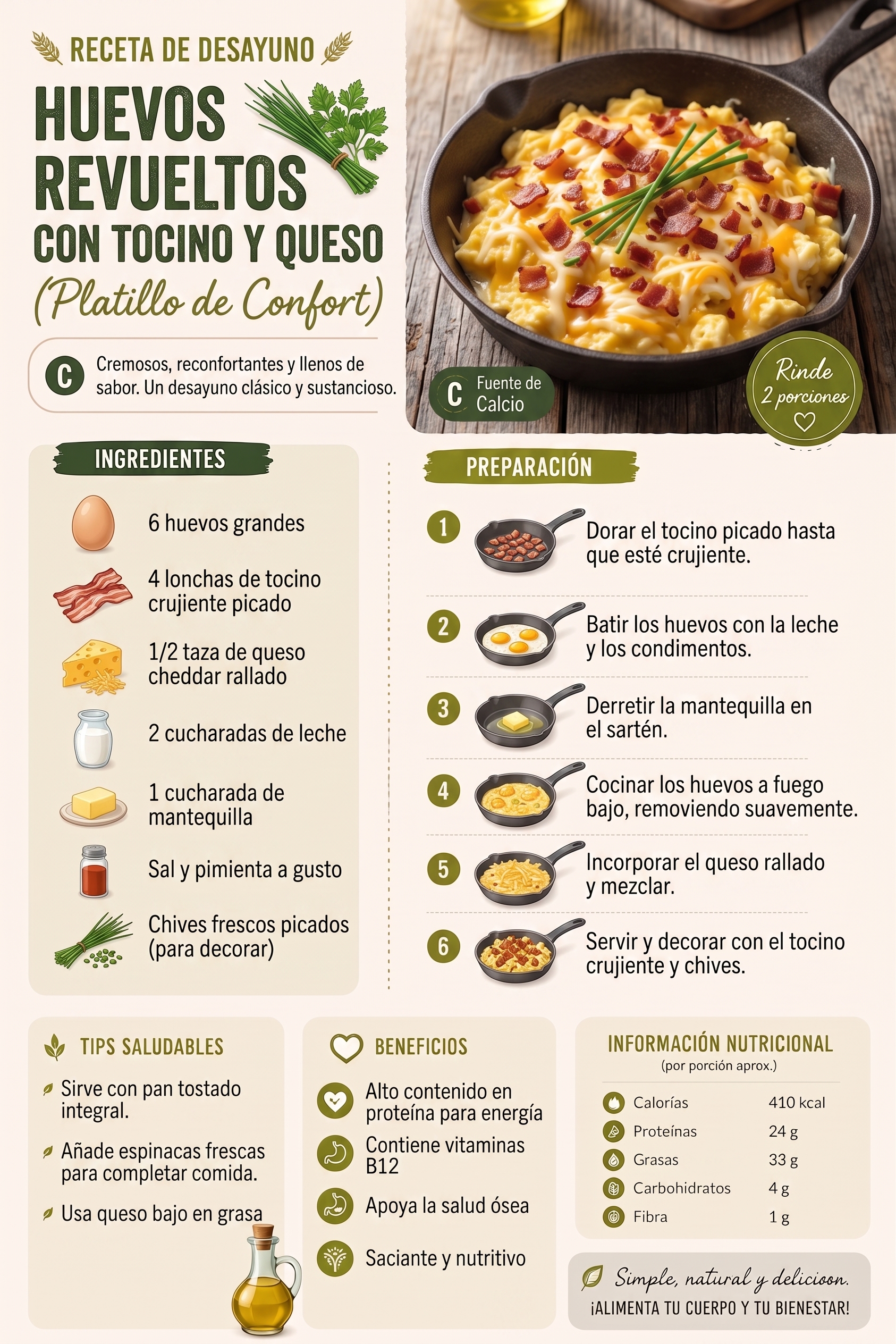 Huevos revueltos con tocino y queso