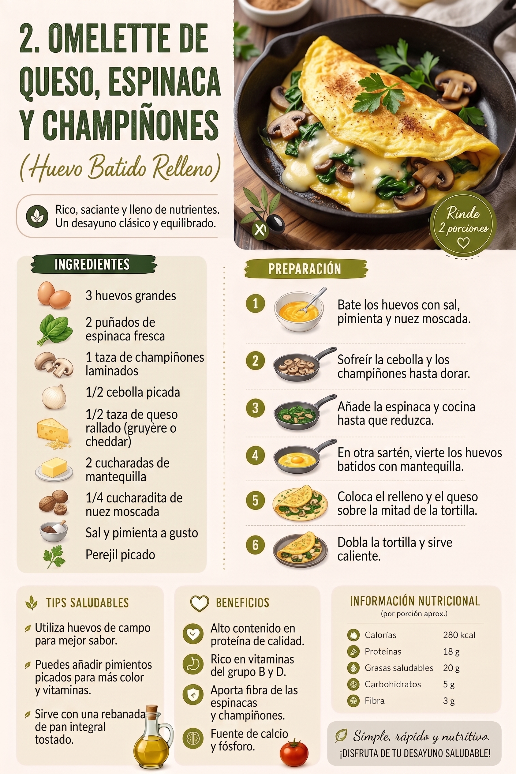 Omelette de queso, espinaca y champiñones
