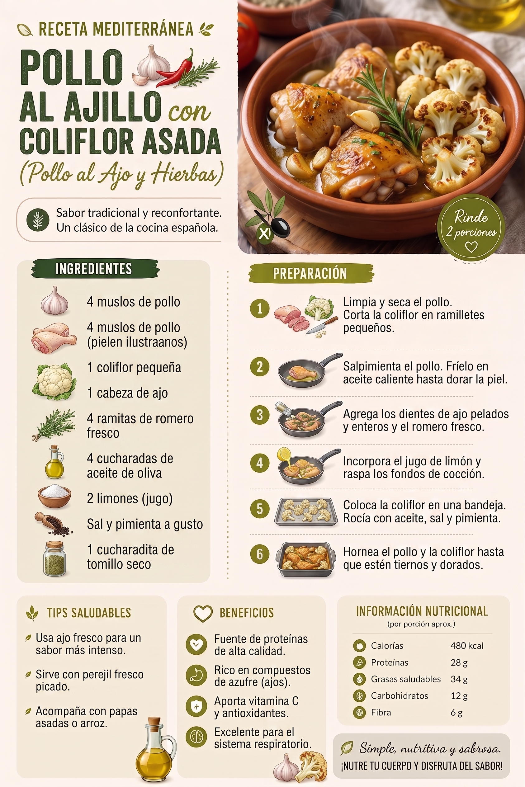 Pollo al ajillo con coliflor asada