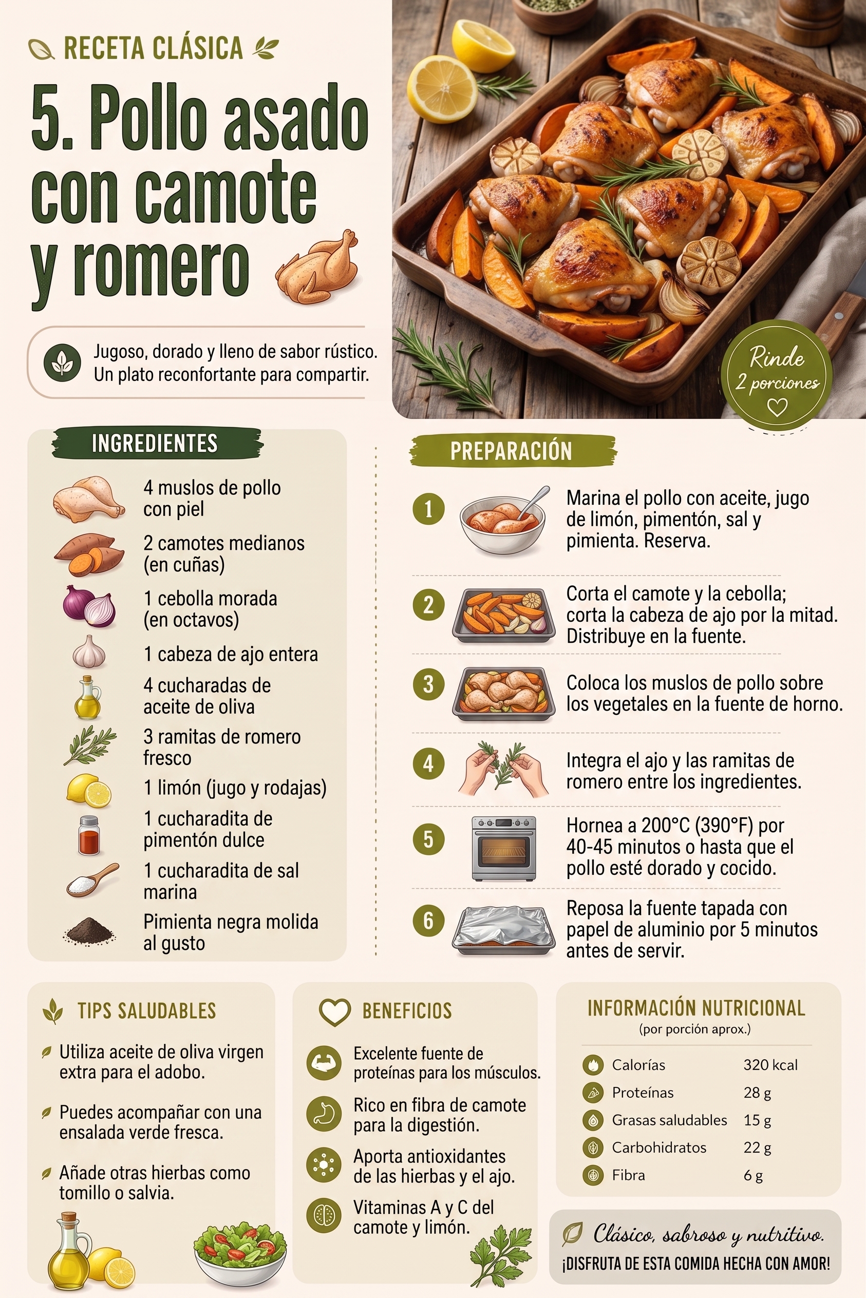 Pollo asado con camote y romero