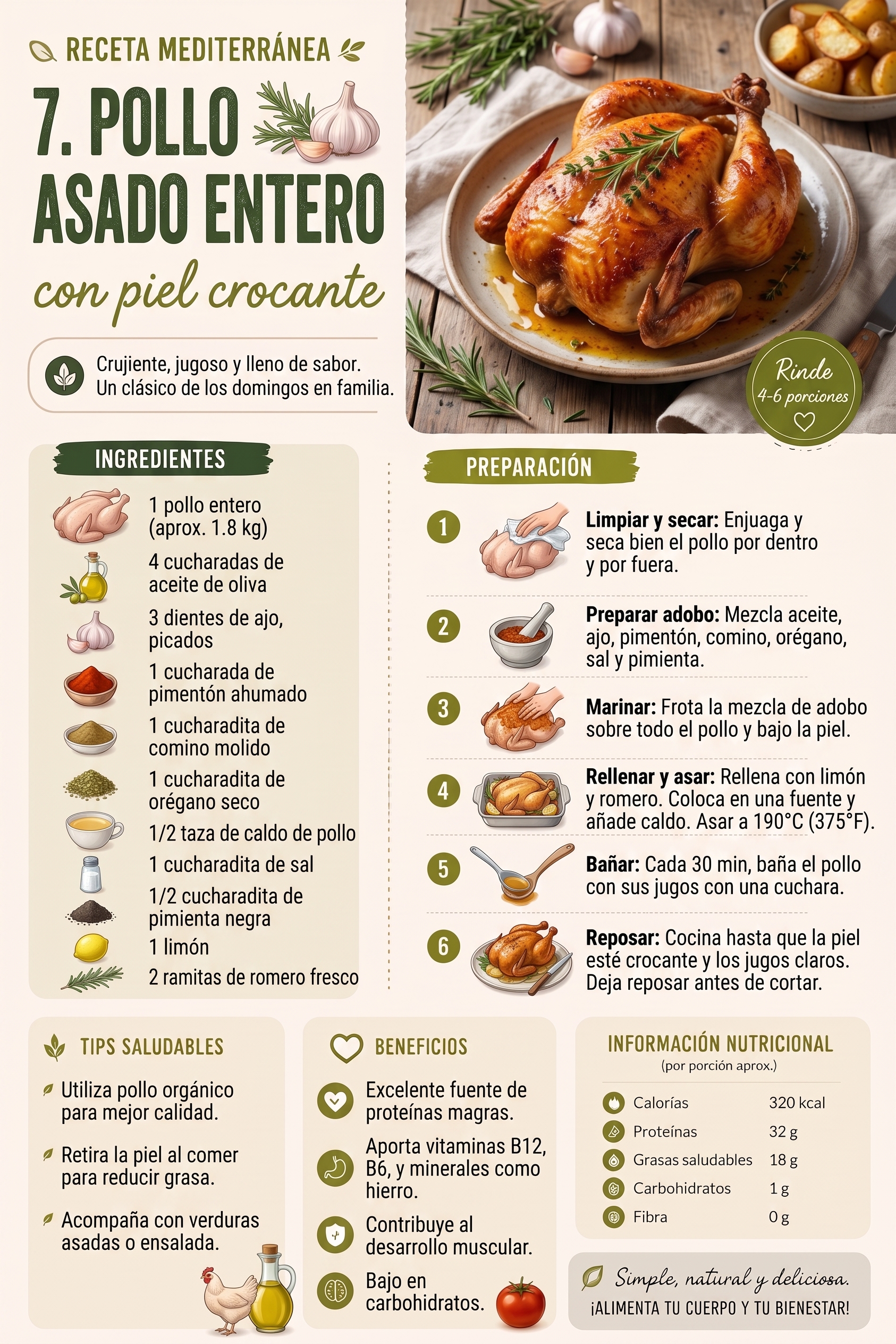 Pollo asado entero con piel crocante