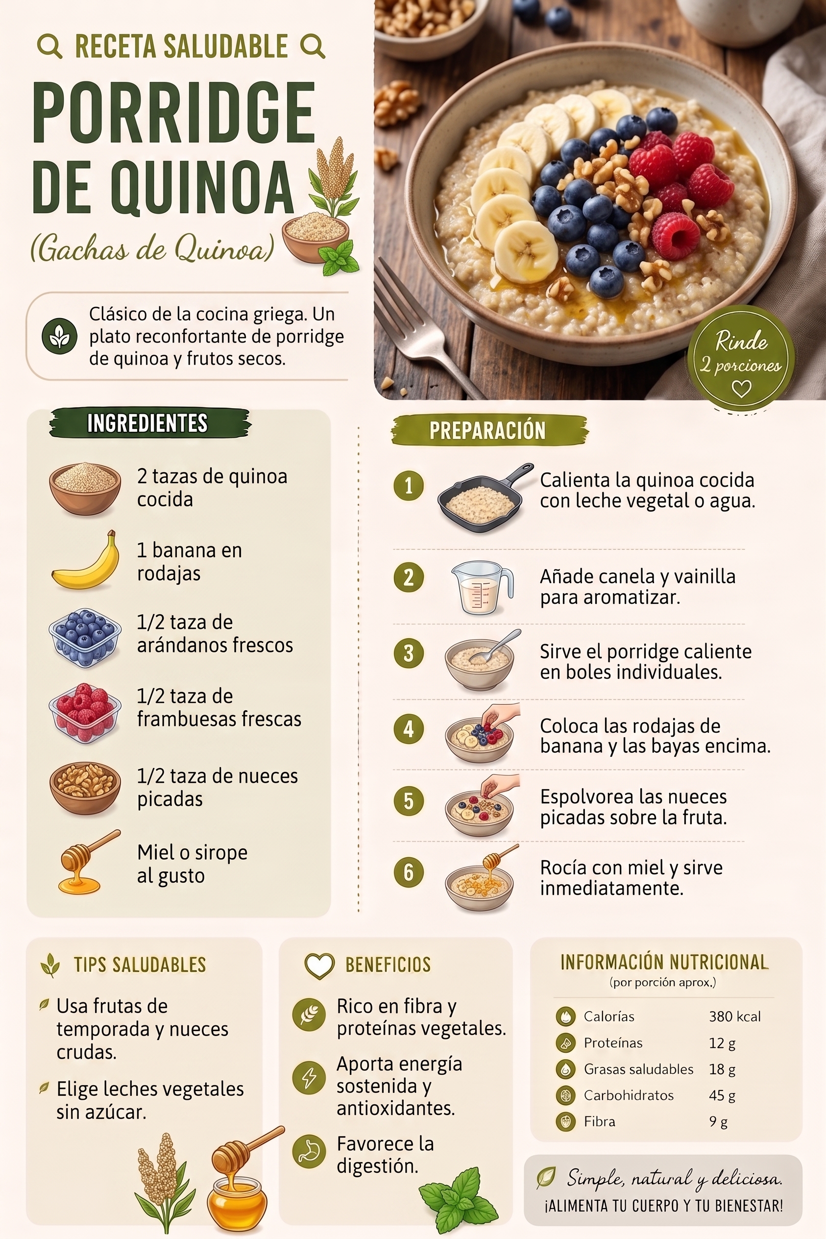 Porridge de quinoa con fruta y frutos secos