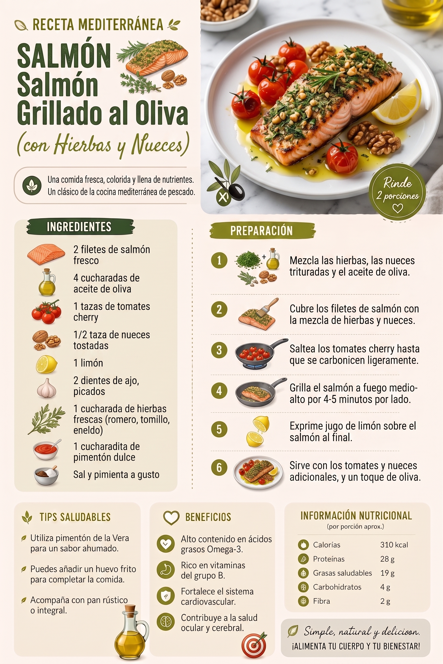 Salmón grillado al oliva con hierbas y nueces