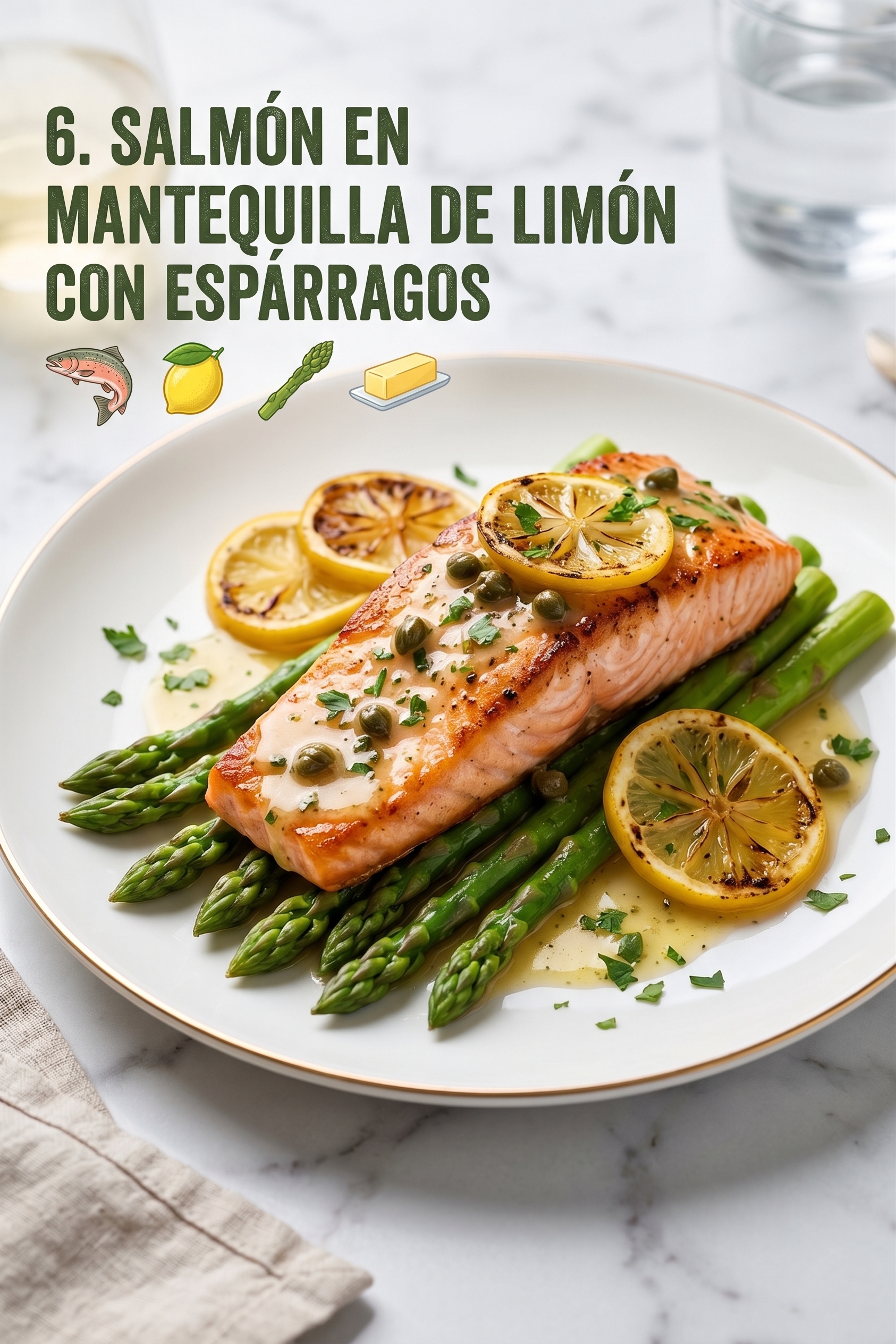 Salmón en mantequilla de limón con espárragos